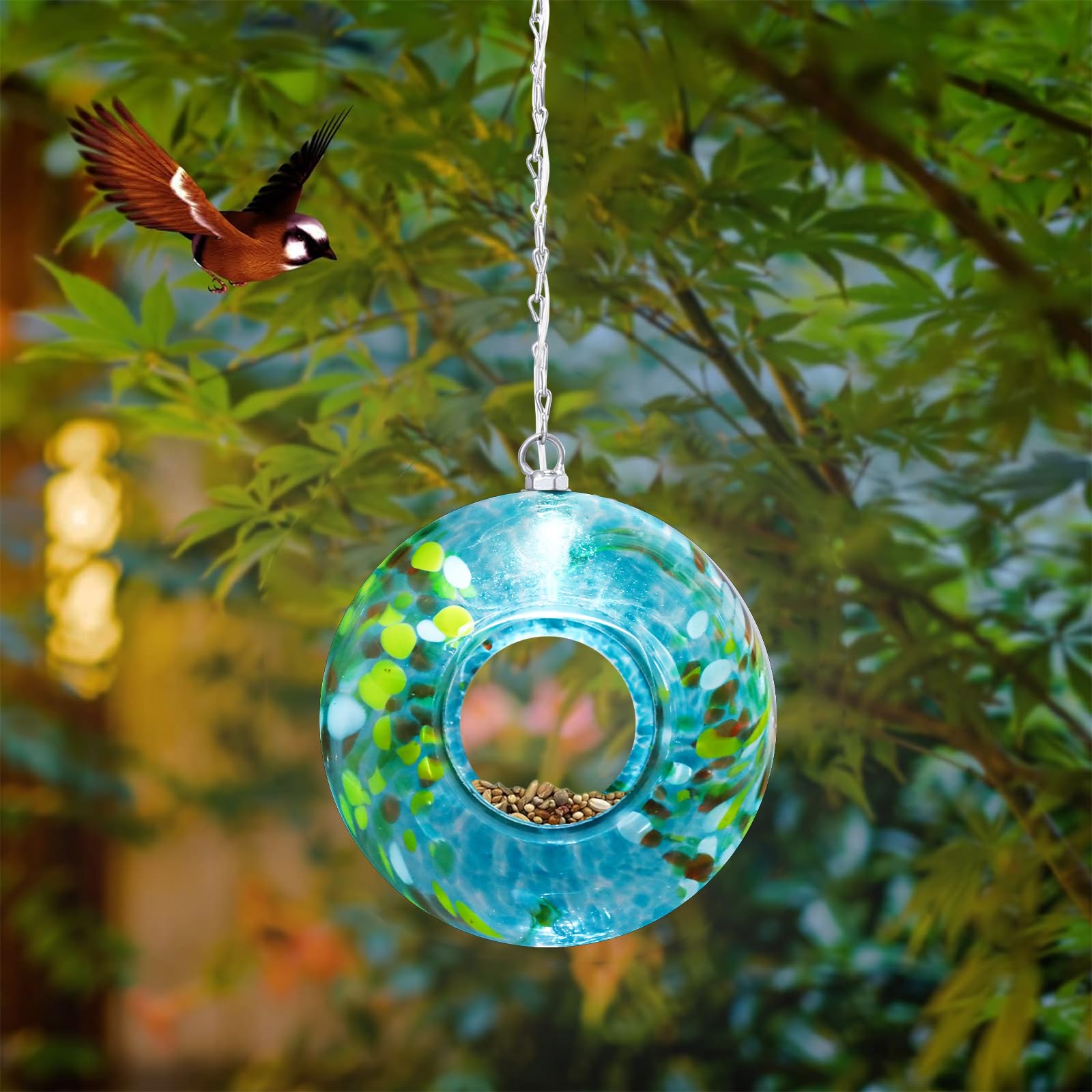 Photo 1 of Yinns Bird Feeder - Fly Through Bird Feeders for Outside Hanging with Round Shape Glass Container, Solar Birdsfeeder for Yard Garden Decor, 8-Inch