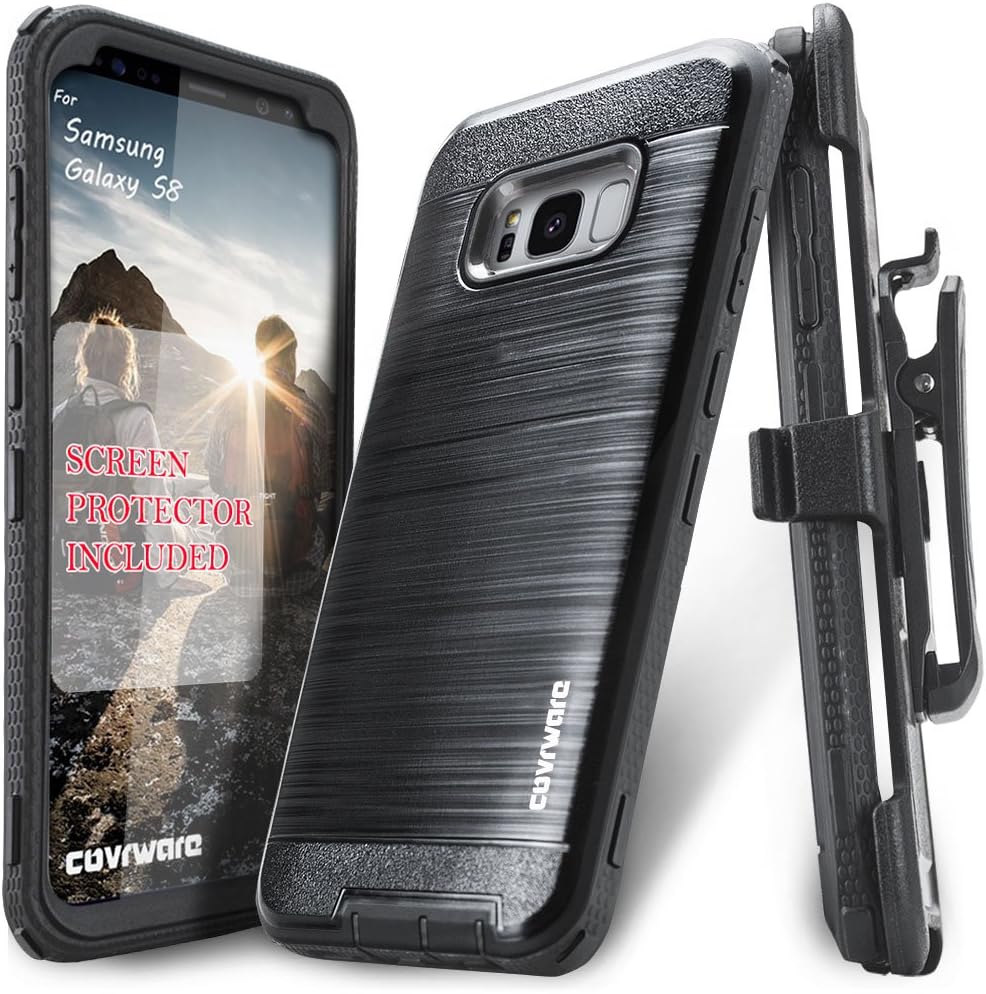Galaxy S8 Case, COVRWARE [Iron Tank] + [Screen Protector] Heavy Duty Full-Body Rugged Holster Armor [Brushed Metal Texture] Case [Belt Clip][Kickstand], Black