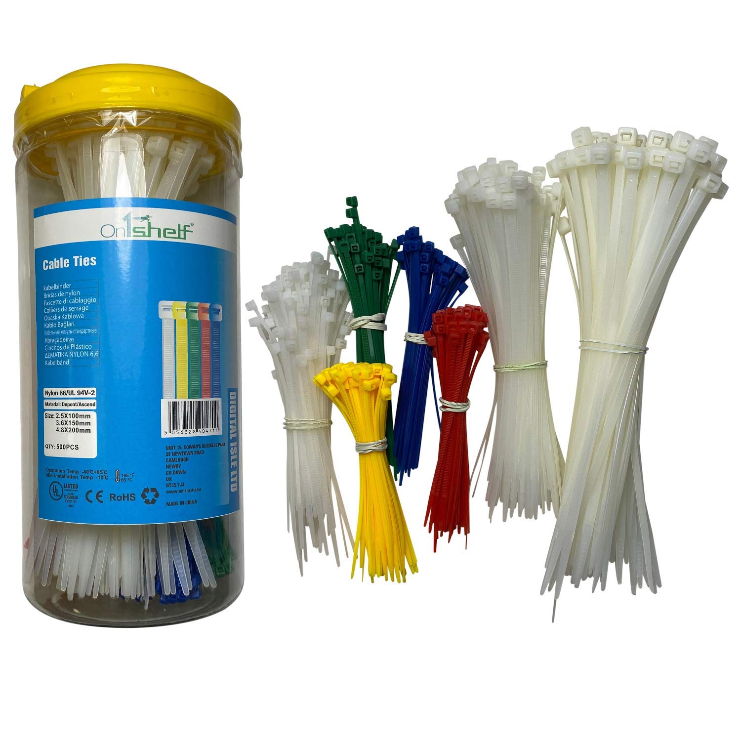 500 Pieces Coloured Assorted Cable Ties Nylon 4 Colurs and White Tie Wraps