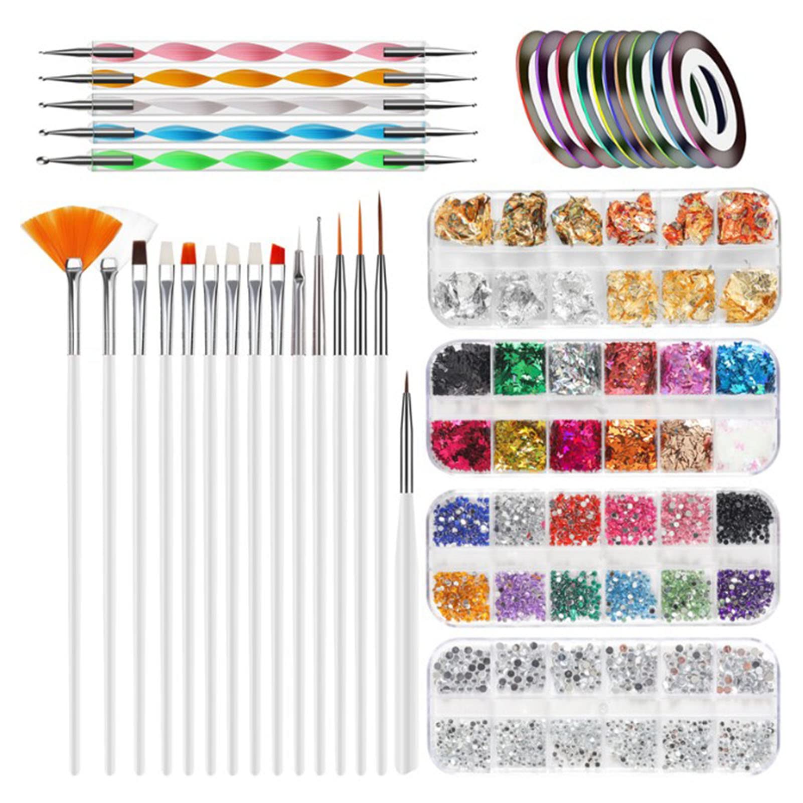 Topyond Complete Nail Art Kit, Nail Art Set for DIY Manicure and Pedicure Nail Art Design Tools Kit Nail Art Tools with 15pcs Brushes, 5pcs Double Head Drill Pen, Gold Silver Thread, 12 Colors Tinfoil