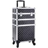 Adazzo 3 in 1 Professional Rolling Makeup Train Case Aluminum Trolley Case with 360&deg; Rotation Wheels for Makuep Artist Cosmetic Suitcase Organizer with Lock and Key Diamond Pattern - Black