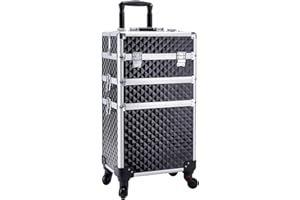 Adazzo 3 in 1 Professional Rolling Makeup Train Case Aluminum Trolley Case with 360° Rotation Wheels for Makuep Artist Cosmetic Suitcase Organizer with Lock and Key Diamond Pattern - Black