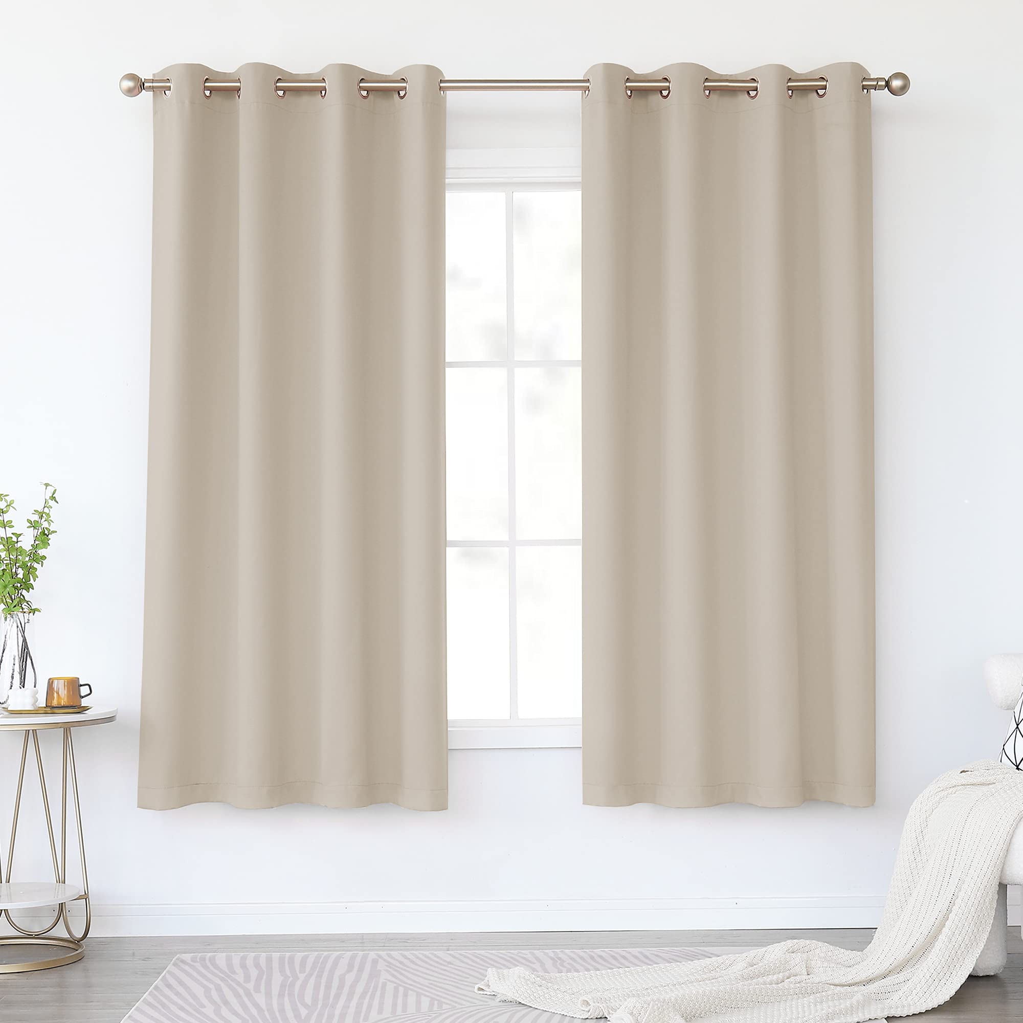 KEQIAOSUOCAI Light Taupe Blackout Curtains 63 Inches Long for Bedroom - Top Grommet Room Darkening Drapes Thermal Insulated Curtains for Living Room, 2 Panels, Light Coffee, 52W x 63L