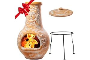 Wiosi Medium 𝗖𝗵𝗶𝗺𝗶𝗻𝗲𝗮 Outdoor Fireplace Clay Chimineas with Chimney Rain Lids and Solid Metal Stands - Yellow Terracotta Chimenea - Rustic Fire Pit Chimnea 16 x 16 x 32-inch