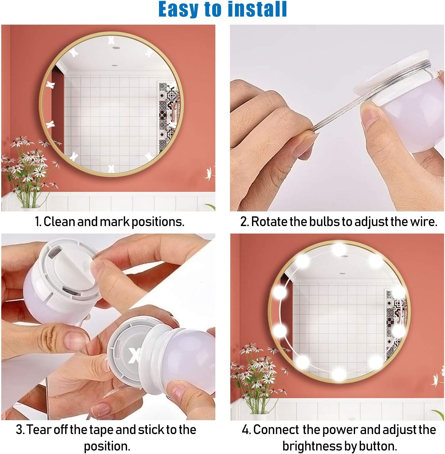 Mirror Lights, Hollywood Style LED Vanity Mirror Lights Kit with 10 Dimmable Bulbs, USB Cable Vanity Lights for Mirror with 3 Color Modes & 10 Adjustable Brightness (Mirror & USB Charger Not Include): Home Improvement
