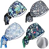 Satin Lined Scrub Caps Women Adjustable Nurse Surgical Hat with Buttons Sweatband Ponytail Working Cap with Tie Back