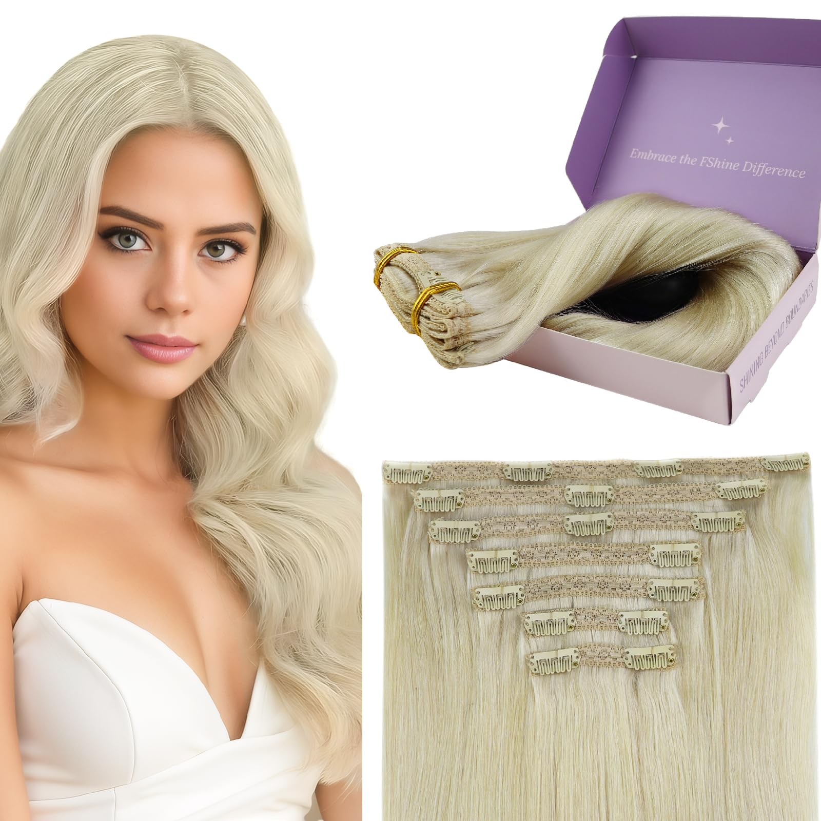 Fshine Real Hair Clip in Hair Extensions for Women White Blonde Hair Extensions Clips 14 Inch Real Human Clip in Hair Extensions Silky Straight Clip in Human Hair Extensions 7pcs/120g — image 1