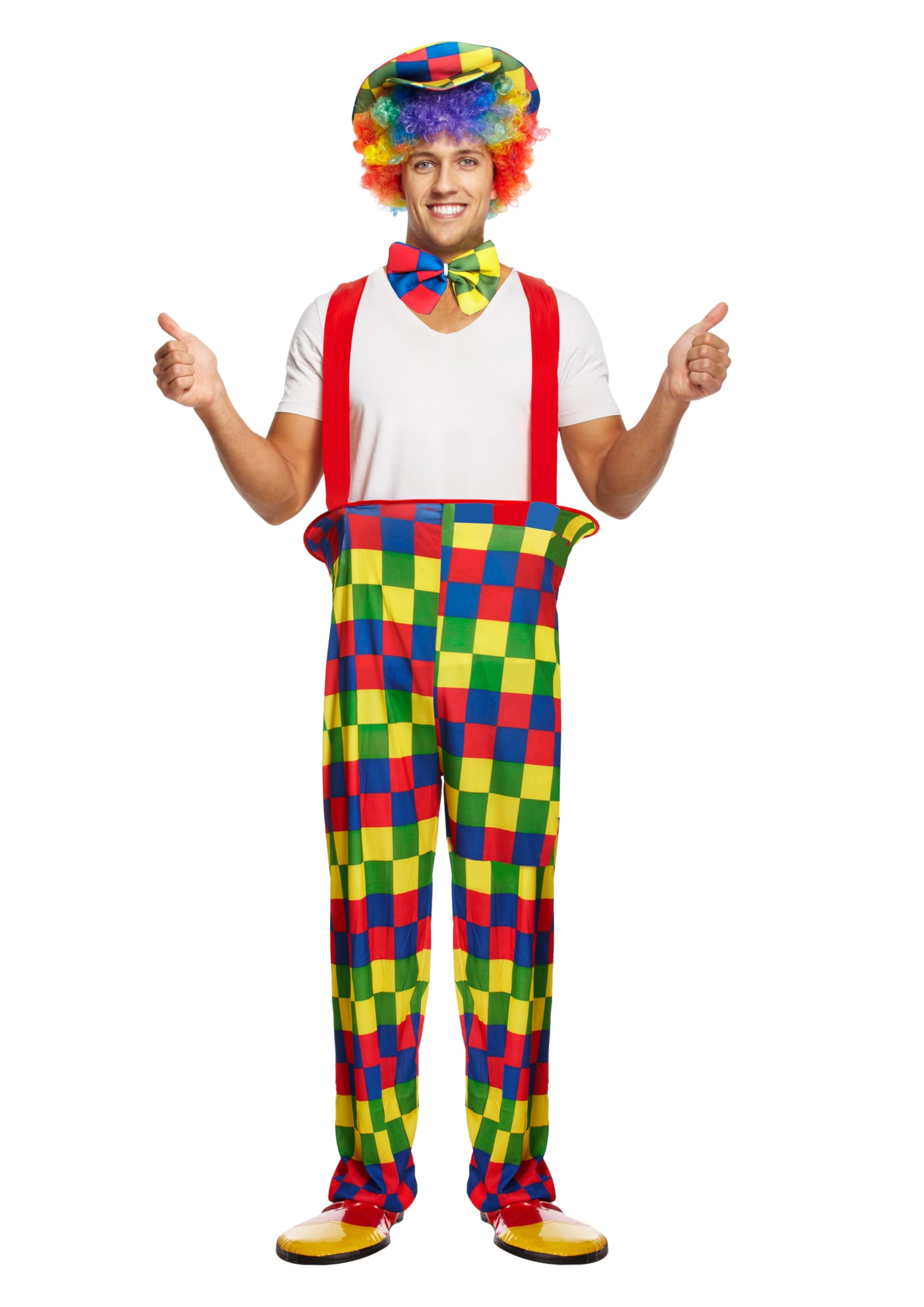 HENBRANDT Rainbow Clown Costume Adult One Size - Vibrant Multicolour Fancy Dress Outfit with Hooped Trousers, Hat & Bow Tie for Parties, Festivals, Halloween & Comedy Events