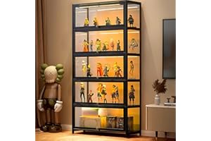 IUSYUGH 5-Tier Curio Display Cabinet, Storage Shelves with Acrylic Door, Collectibles Toy Organizers Rack & Display Shelf, Display Case for Playroom Bedroom Toddler's Room Kids Bookcase (Black flip door)