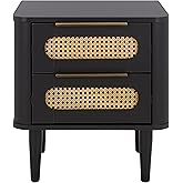 SAFAVIEH Home Collection – Brey Black & Brass 2-Drawer Nightstand, Mid-Century Cane Accent Bedside Table (NST3107B)