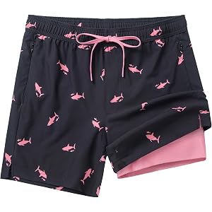 Flytop Mens Swim Trunks with Breathable Compression Liner, Quick Dry 5" Bathing Suit with Zipper Pockets, 2 in 1 Board Shorts