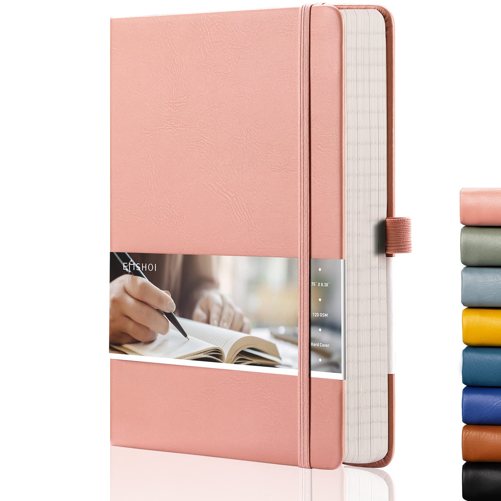 EMSHOI A5 Notebook - 21.4 x 14.5 cm Lined Journal with 256 Numbered Pages, 120gsm Thick Paper, Sticky Notes, 8 Perforated Sheets, Hardback Vegan Leather Notepad for Women Men Writing - Pink