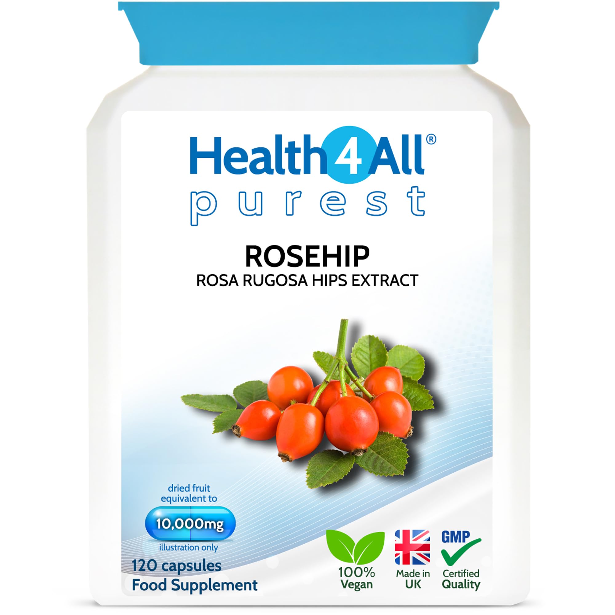 Health4All Rosehip 10,000mg per Capsule, 120 Capsules 4 Months Supply, High Strength Rosa Rugosa Hips Joint Support Supplement, Pure, Vegan, Naturally Sourced Extract (not Tablets) | Made in UK