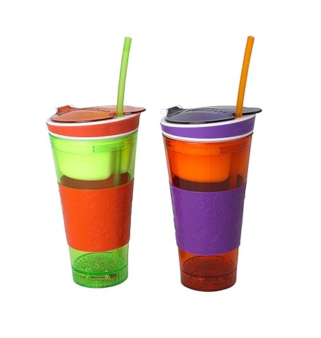 ZOMOZA Plastic 2 in 1 Snack and Drink Cup in One Container with Straw 2 Pack (Multicolour)