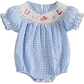 Licupiee Baby Girl Smocked Western Romper Short Sleeve Bubble Rompers Summer Clothes Plaid Print Embroidery Bow Bodysuit Tops