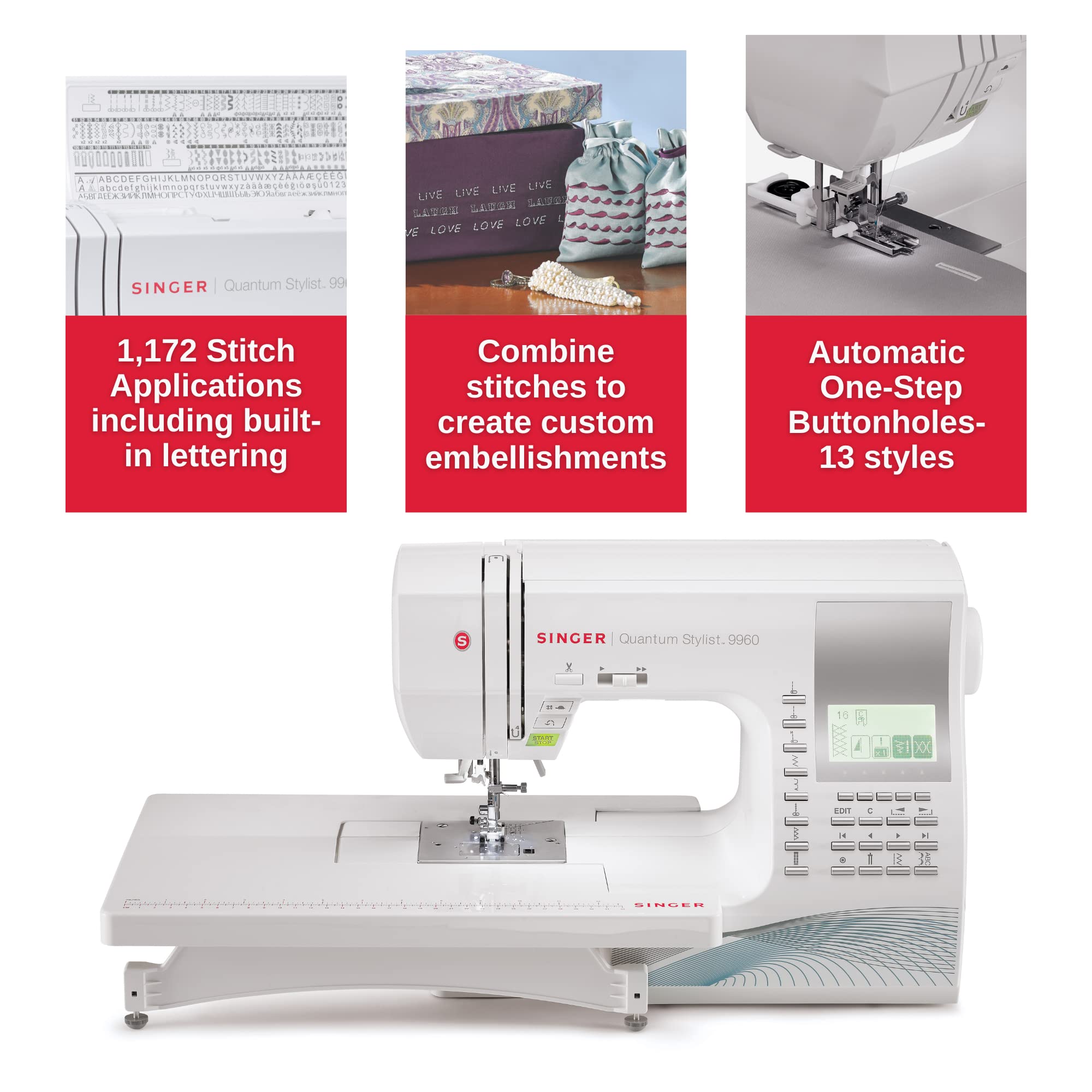 SINGER Quantum Stylist 9960 Computerized Sewing & Quilting Machine with Extension Table, Hard Case & Accessories | 600 Stitches, Lettering, LED Light, 1-Step Buttonhole & High-End Touch Controls
