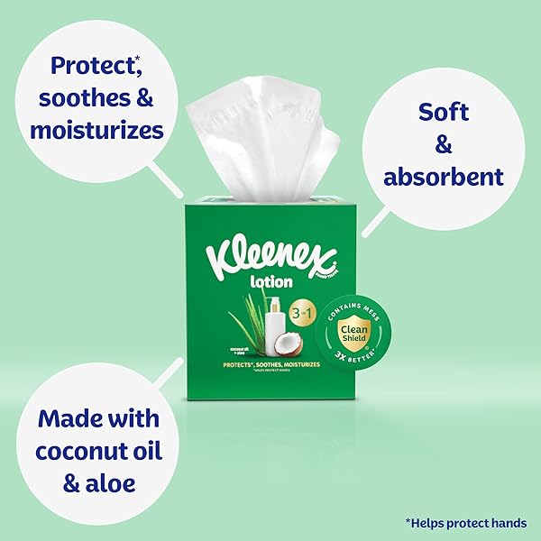 KLEENEX LOTION FACIAL TISSUES WITH COCONUT OIL, FLAT BOXE, 180 TISSUES BOX, 3-PLY