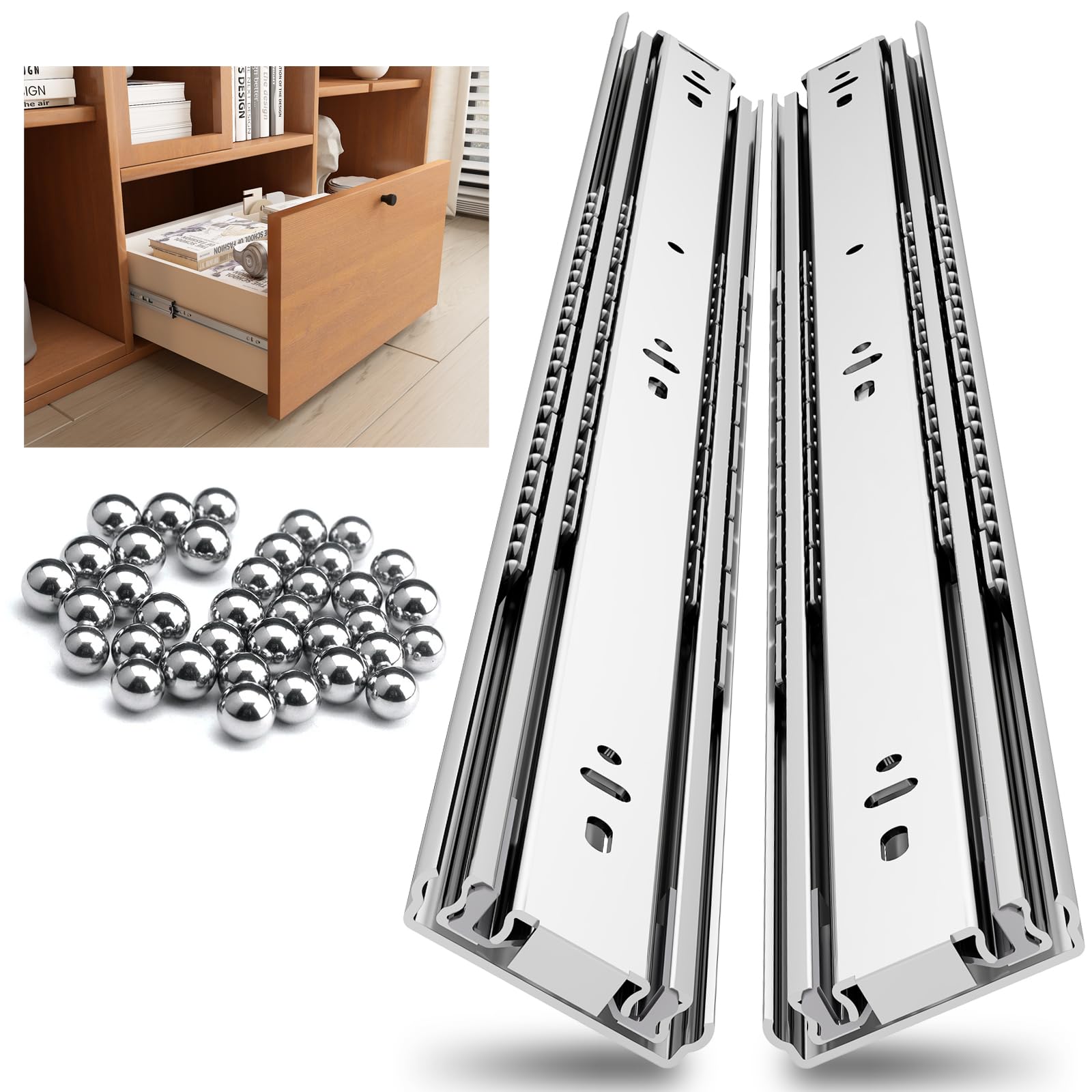 NECILO Heavy Duty Drawer Runner Without Lock, 950mm Silver 68kg Load Capacity Drawer Slides, Full Extension Ball Bearing, Suitable for Motorhome and Large Storage Cabinets, Side Mount, 1 pair(2 packs)