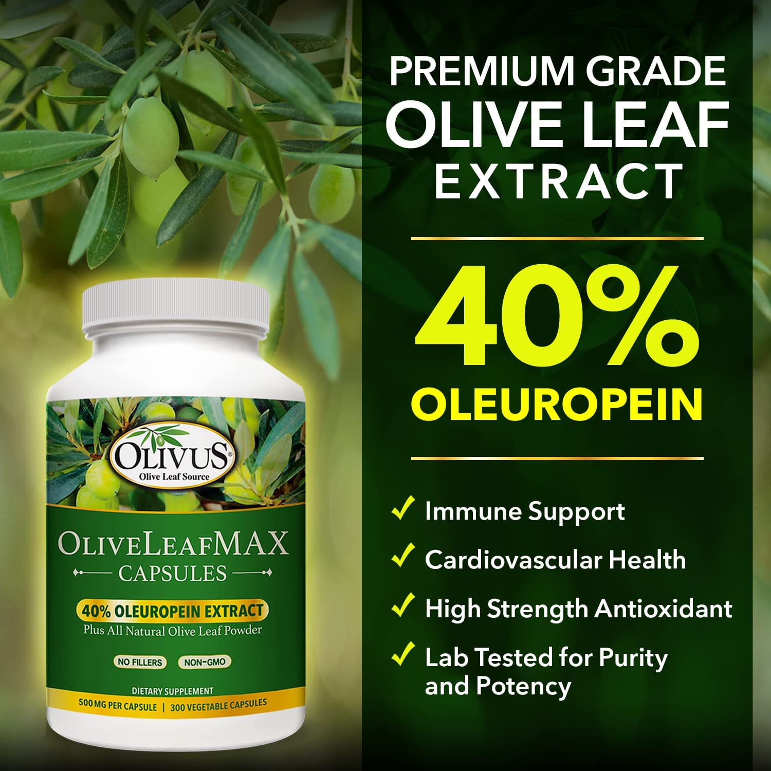 OliveLeafMAX Olive Leaf Extract (40% Oleuroepin) + Organic Olive Leaf Powder + No Fillers + 300 Vegetarian Capsules + Sourced from Spain and Manufactured in USA at GMP Facility