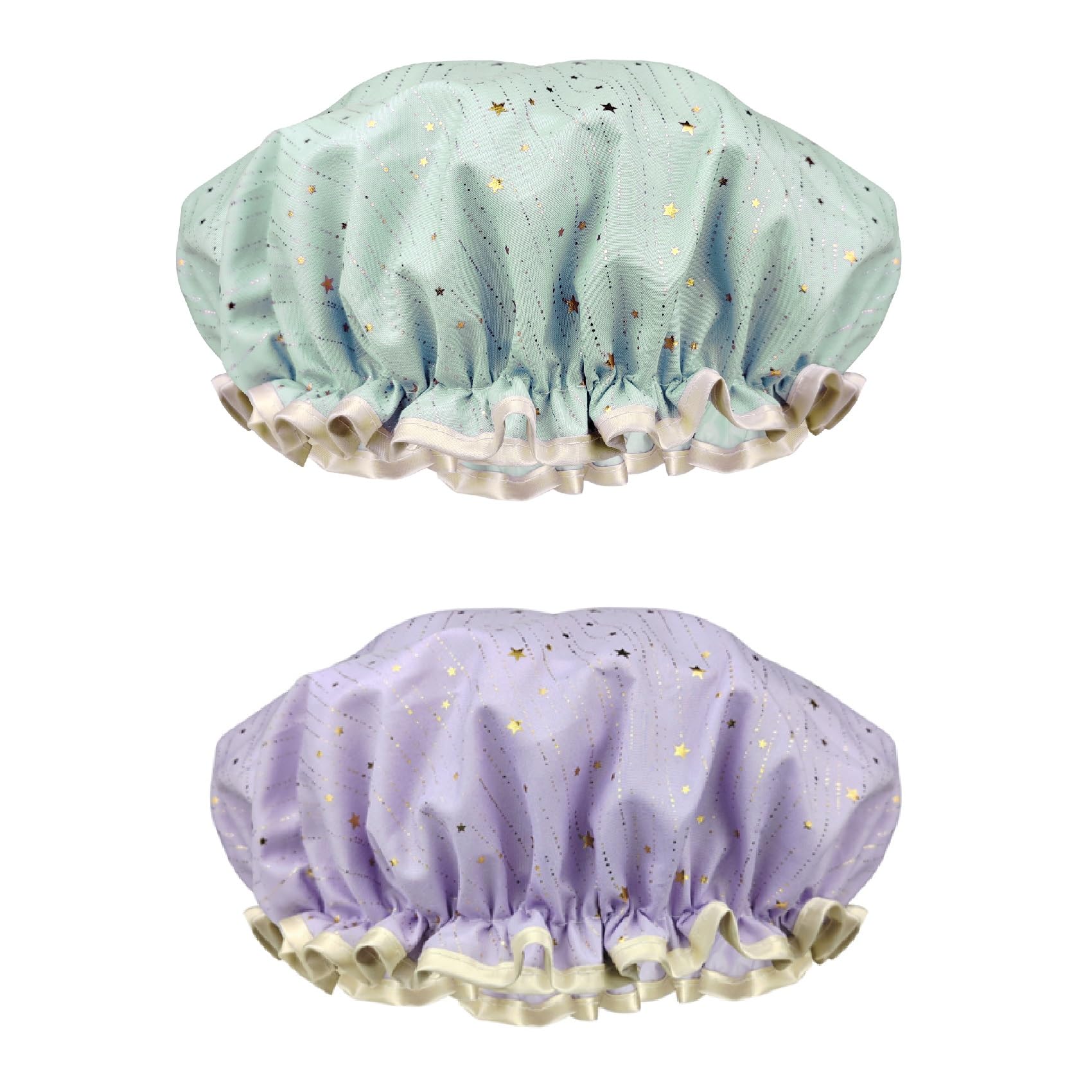 Photo 1 of 2 Pack Shower Caps, Elastic and Reusable Bonnet, Double Waterproof Layers, Bath Caps for Women (Green/Purple)