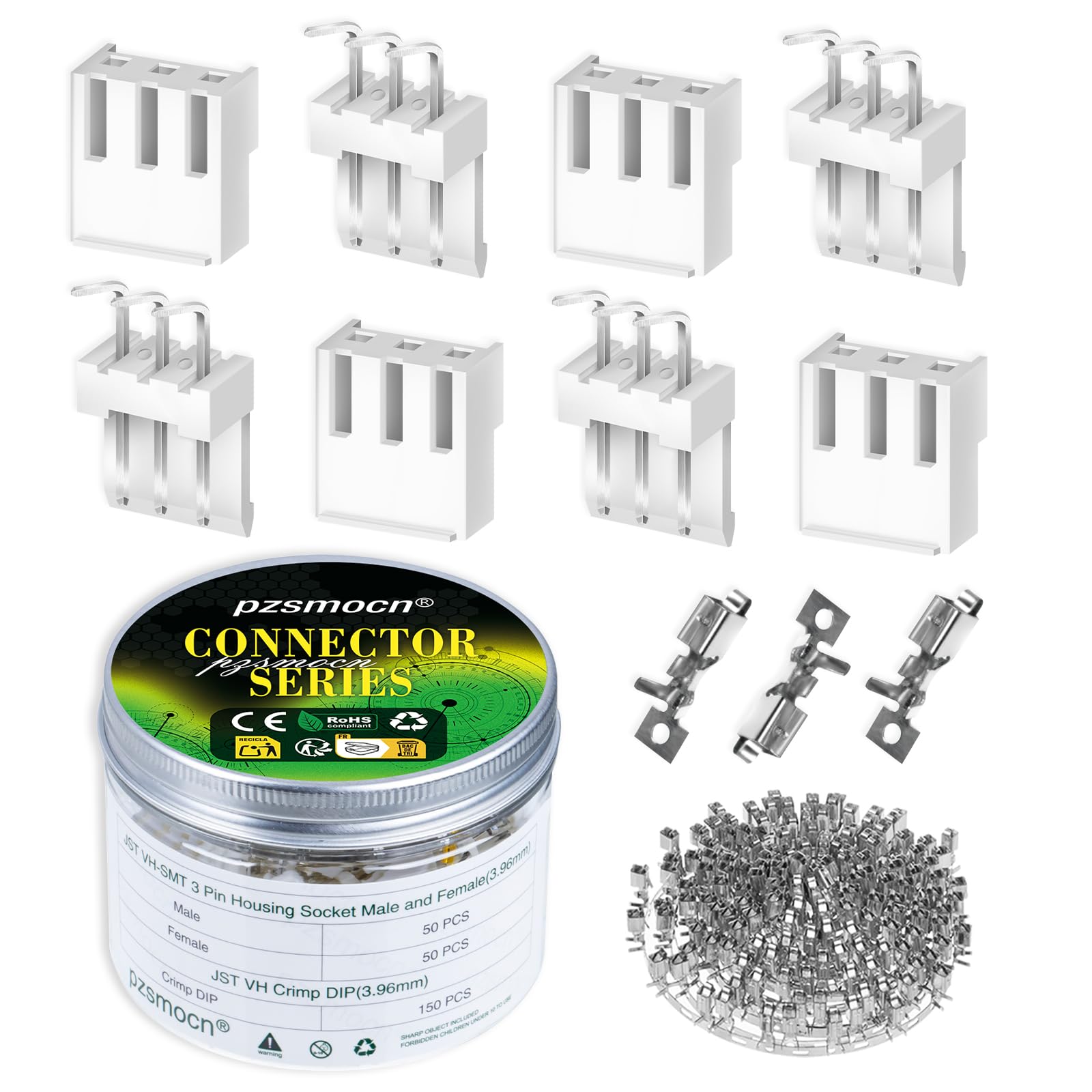 pzsmocn 250 Pieces / 50 Sets JST VH SMT 3.96 mm Pitch 3 Pin Female Housing and Male Adapter Connector Plug Socket Terminal Wires Cables 24-18 AWG Assembly, Header Crimp Pins Kit
