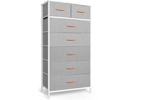 MIFURO Tall Dresser for Bedroom, Vertical Storage Organizer Tower with 7 Drawers, Chest of Drawers with Fabric Bins, Steel Frame, Wood Top for Bedroom, Closet, Entryway- Light Grey