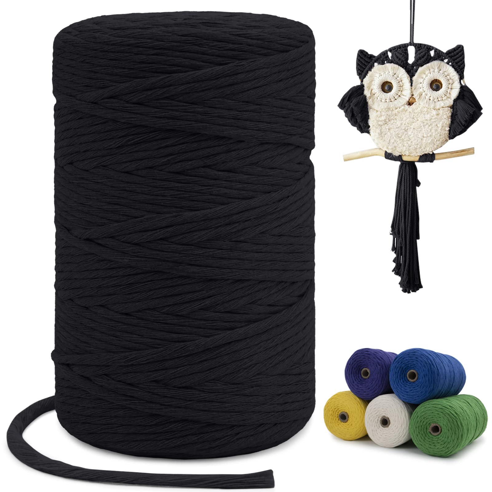 LEREATI Macrame Cord 3mm x 200m, Single Strand Thick Macrame Rope Yarn Natural Cotton Cord, Craft Macrame String for Plant Hanger, Wall Hanging, Knitting, DIY, Home Decorations (Black)