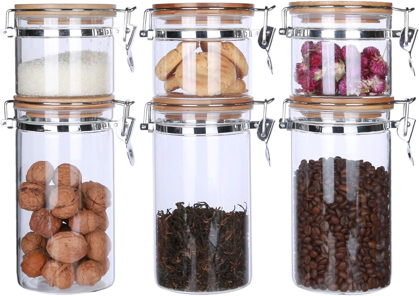 Clear Borosilicate Glass Canisters Sets for the Kitchen with Airtight Lids Glass Food Storage Containers Dry Goods Storage Jars with Locking Clamp Bamboo Lids Sealed Cannisters Pack of 6