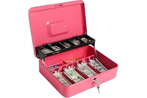 Kasten Cash Box with Money Tray and Key Lock, Metal Money Storage Box, 11.8"x 9.5"x 3.5", Large Pink