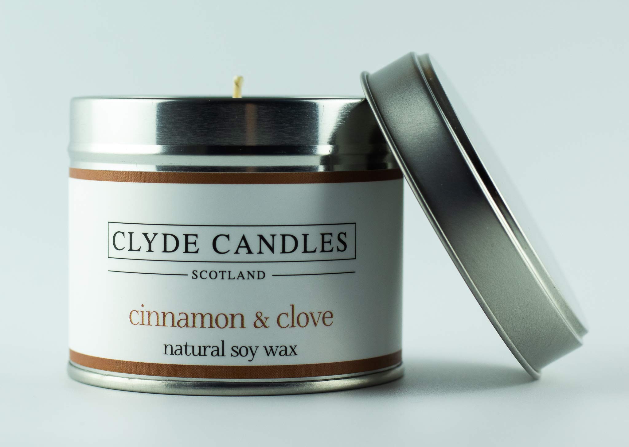 Natural Soy Candle Tin - Clyde Candles Scotland - Vegan Scottish Gifts, British Made (Cinnamon and Clove)