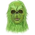 Green Monster Mask Christmas Costume Mask with Santa Hat Green Monster Cosplay Accessories Xmas Latex Full Face Mask