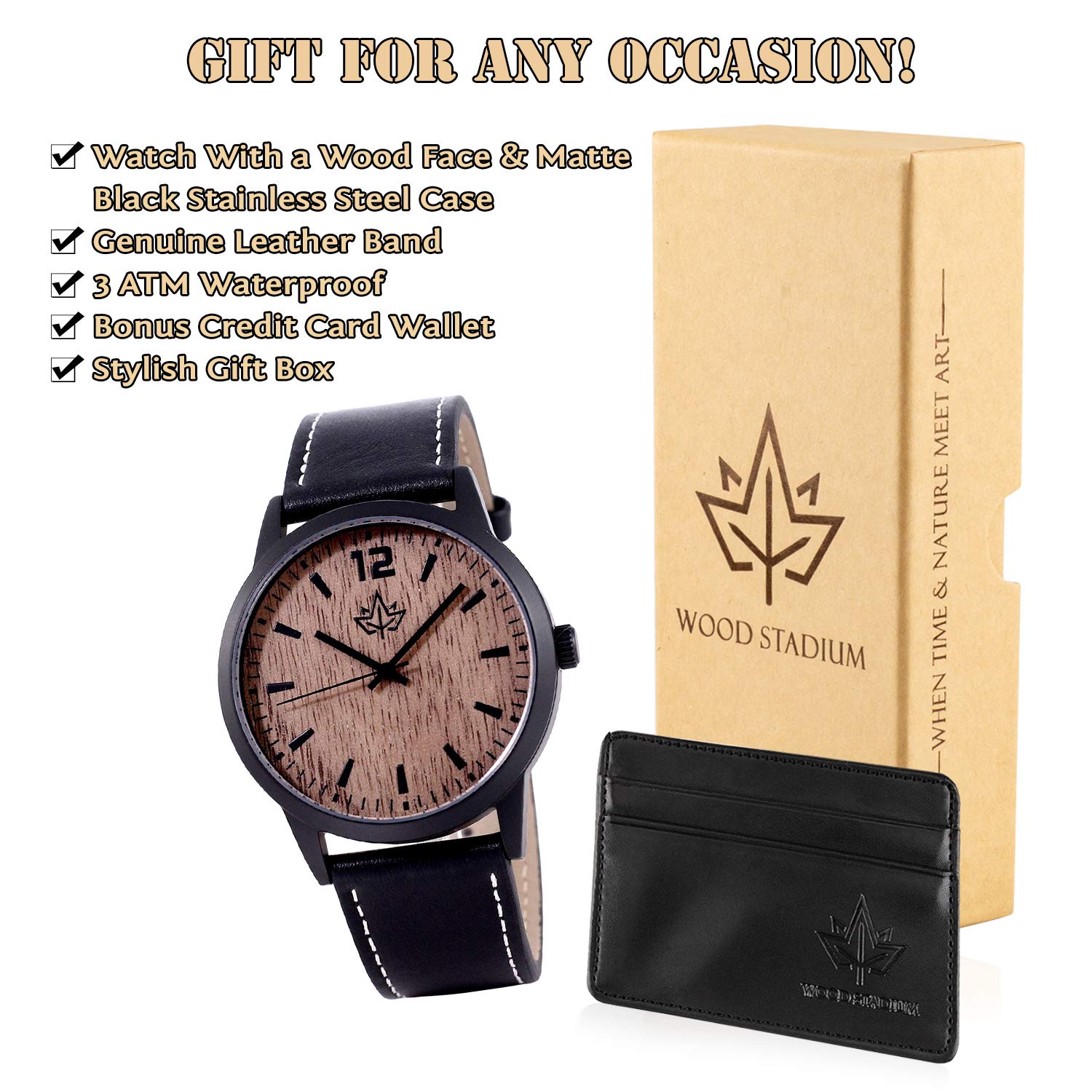 Wooden Watch for Men - Matte Black Stainless Steel Case w/Leather Strap Large Easy Read Face. Waterproof! Sport Elegant. Japanese Quartz Movement. Bonus Credit Card Holder. Gift Box.