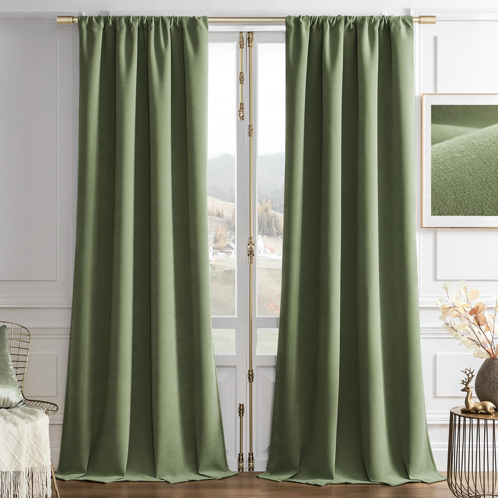 Joydeco Coconut Green Velvet Curtains 90 Inches 2 Panels, Luxury Thermal Insulated Soft Green Curtains for Bedroom & Living Room, Room Darkening Velvet Drapes, Rod Pocket (52W x 90L) Image