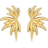 Trendy Floral Statement Earrings for Women – Large Gold Plated Leaf Flower Design Earring, Women Chunky Stud Earrings Hypoallergenic Lightweight Fashion Jewelry Gift for Her