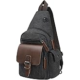 SUIKIHUM Canvas Sling Bag for Women Men, Crossbody Backpack Vintage, Shoulder Bag W/Leather Accents for Outdoor Cycling Hiking Travel, Black