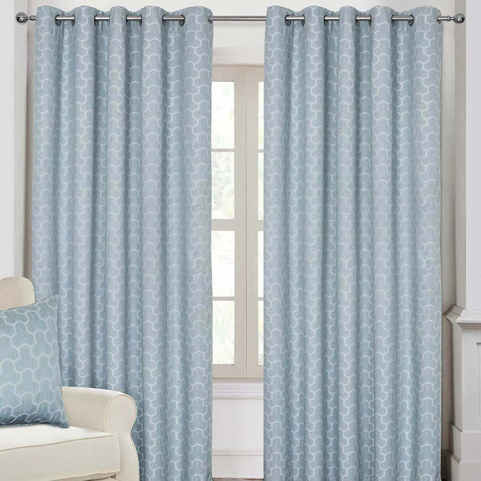 HOMESCAPES Blue Geometric Blackout Curtains Pair Width 117cm (46") x 182cm (72") Drop Genuine 3 Pass Blackout Lining Heavy Weight Jacquard Eyelet Curtain