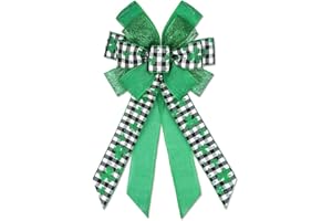 Hying Large St. Patrick's Day Bows for Wreath, Black White Buffalo Plaid Bow Green Irish Shamrock Wreath Bows Holiday Burlap Tree Topper Bows for Front Door Saint Patrick's Day Decorations Supplies
