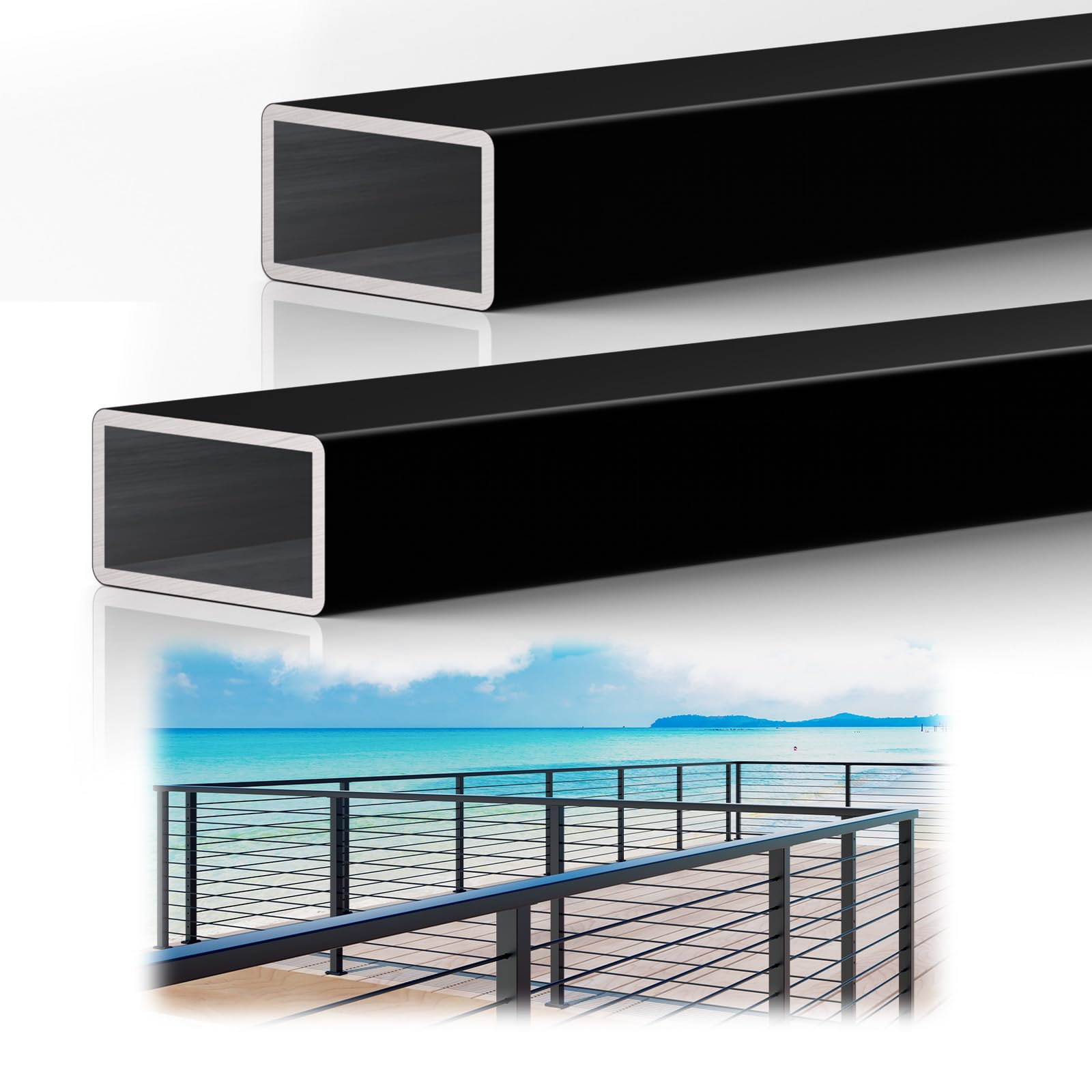 Photo 1 of 2 Pack 6FTx 2-3/8"x1-3/16 Aluminum Black Handrail with Nylon End Caps Self Drilling Screws, Rectangular Handrail Cuttable Flat Top Rail for Deck Stair Railing Indoor Outdoor Cable Railing System