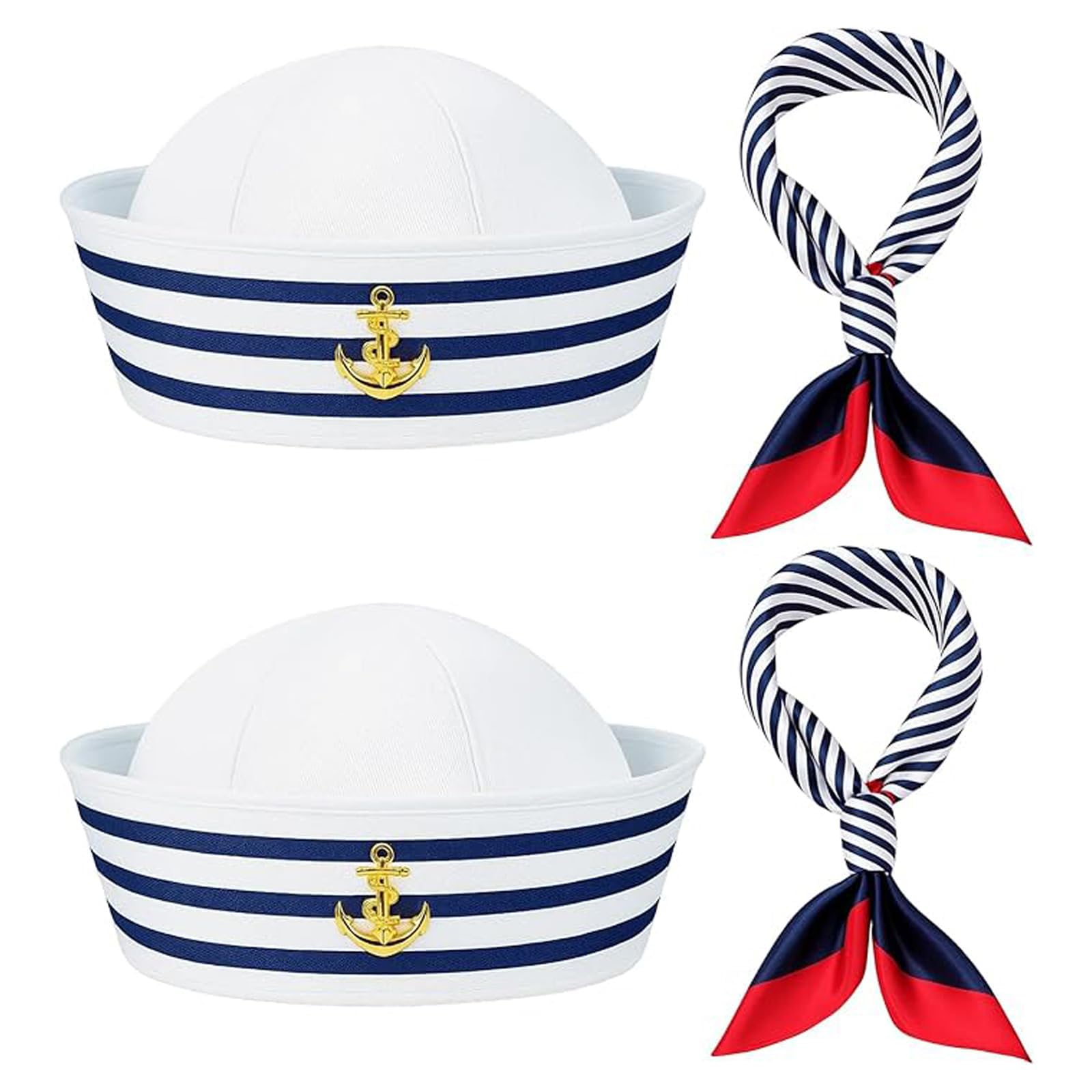 WNXBFO 2PCS Sailor Hat and 2PCS Scarf Set, Sailor Costume, Blue and White Striped Sailor Captains Hat＆Red Edge Blue Bar Square Scarf, Dressing Up Party for Women Men Costume Accessory