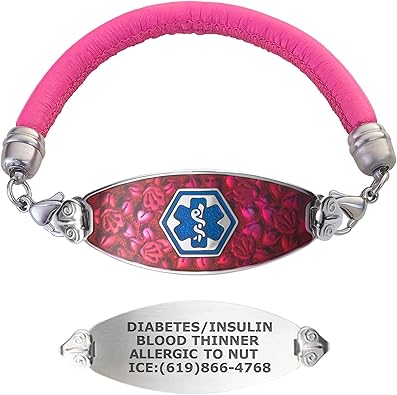 Amazon Divotiカスタム彫刻blooming Cherry Blossom医療アラートブレスレット ピンクラムレザーバンド Tpブルー ブレスレット 通販