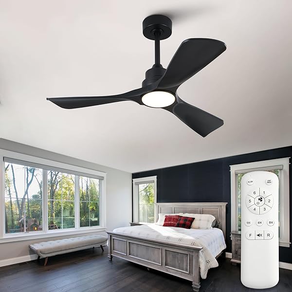 XBIBI 42 INCH BLACK CEILING FAN WITH LIGHT AND REMOTE, 6 SPEEDS QUIET DC MOTOR MODERN CEILING FAN WITH LIGHT, INDOOR OUTDOOR CEILING FANS FOR PATIO BEDROOM LIVING ROOM