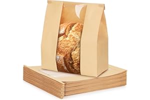 Foranda 50 Pack Paper Bread Bags for Homemade Bread, 7x3×11 Inches Resealable Tin Tie Tab Bakery Bags with Window for Round Sourdough, Cookies, Loaves, Bagels