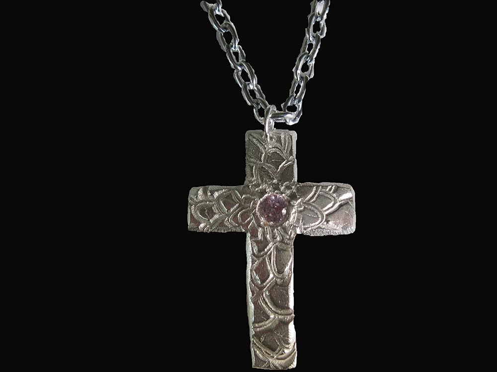 Patterned and Jeweled Fine Silver Cross Necklace Handmade