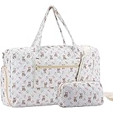 Large Quilted Travel Duffle Bag for Women Coquette White Pink Floral Sweetly Bunny Portable Gym Lightweight Weekender Bag Grocery Pouch Workout Overnight Carry on Duffle Pouch for Travel Work