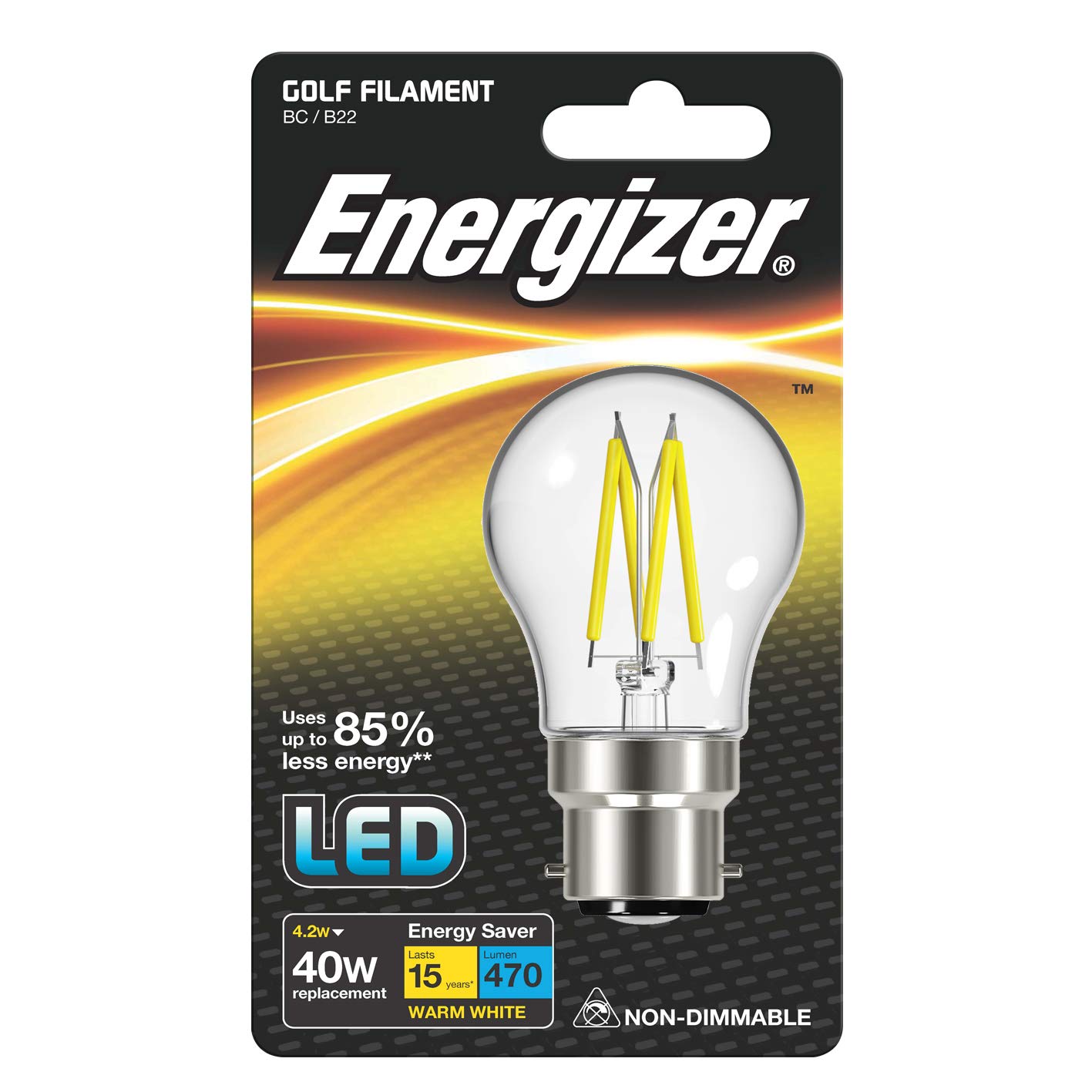 Energizer LED Traditional Filament Energy Saving Light Bulb, Golf, B22, 4 W, Warm White
