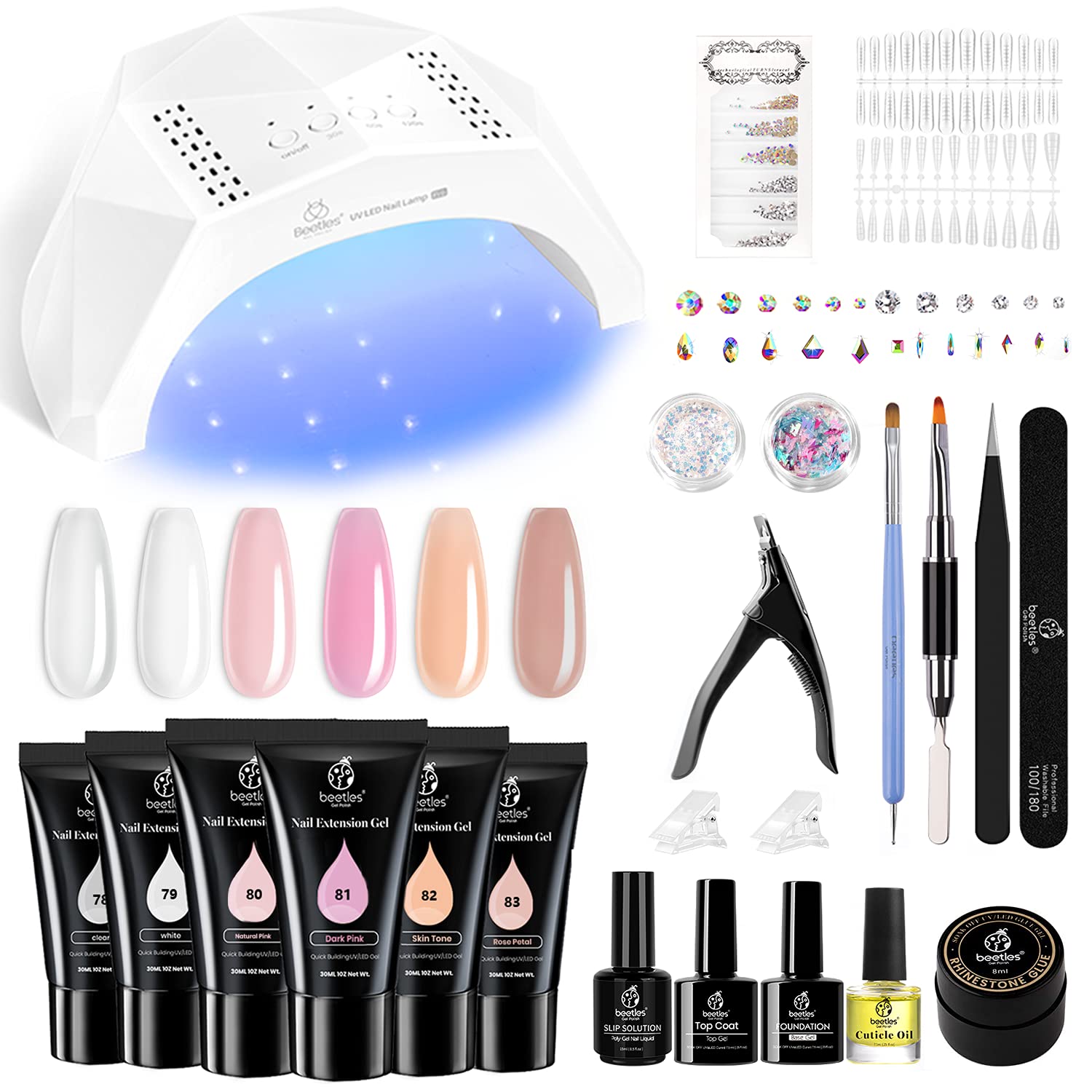 Beetles Poly Nail Gel Kit with U V Lamp 6 Pcs 1OZ Poly Colors Gel with Slip Solution Nail Forms Brush Clips Cutter Builder Gel Nail Kit with Everything Professional Clear Nude Polijel Nail Starter Kit