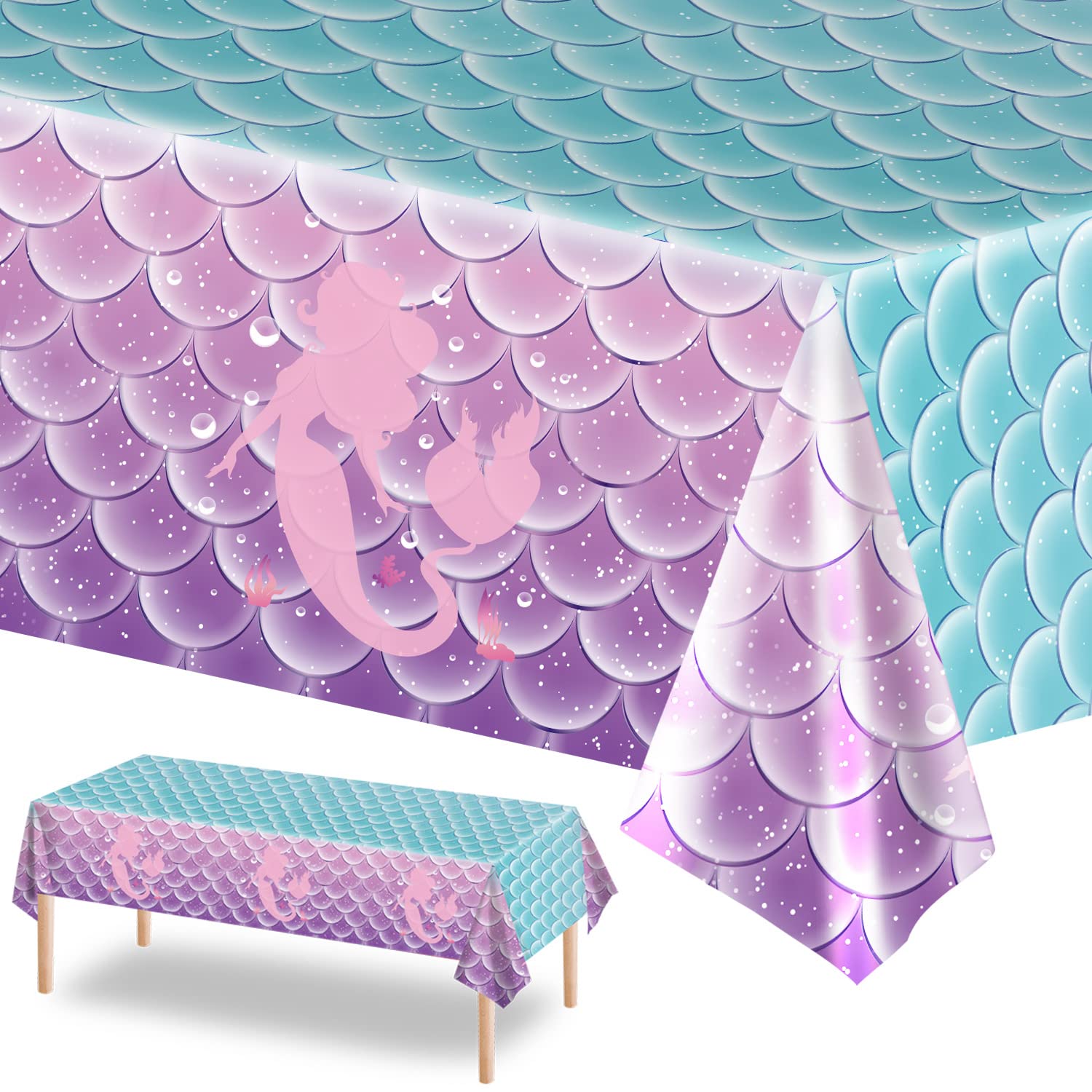 Photo 1 of Jectivs 1Pcs Mermaid Birthday Party Tablecloth Decorations,Disposable Plastic Table Cover for Princess Under The Sea Baby Shower Themed Kids Birthday Party Supplies,108x54 Inch
