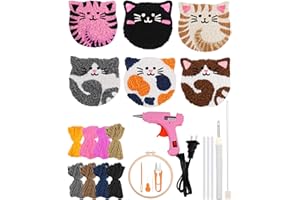 AceList 6 Pcs Punch Needle Kit with Cat Pattern, Easy Punch Needle kit for Beginners and Adults, DIY Punch Needle Coaster Kit with Tools Tufting Cloth Hoop Yarns Hot Melt Glue Gun - Art Craft Gift
