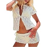 GORGLITTER Women's Crochet Short Sets Short Sleeve Button Down Cardigan Top and Shorts Vacation Outfits