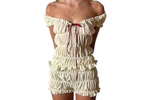 Mxiqqpltky 2 Piece Skirt Sets for Women Ruffle Short Sleeve Tie Up Crop Top & Elastic Waist Pleated Mini Skirt Set Y2K Outfit